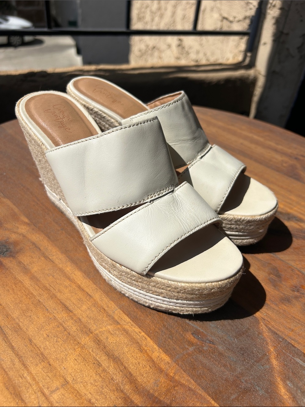Crown Cream Leather Espadrille Wedge Slides